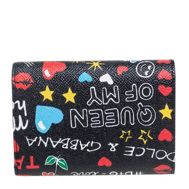 Pre Owned Dolce & Gabbana Black Graffiti Print Leather Tri-fold Wallet