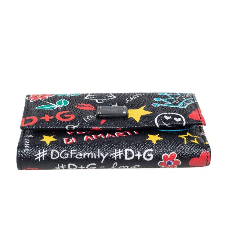 Pre Owned Dolce & Gabbana Black Graffiti Print Leather Tri-fold Wallet
