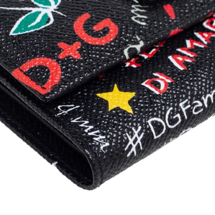 Pre Owned Dolce & Gabbana Black Graffiti Print Leather Tri-fold Wallet