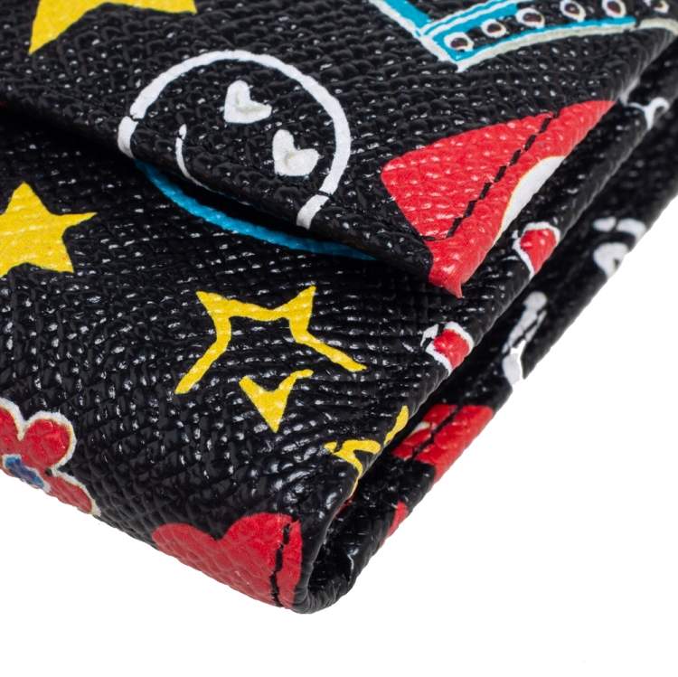 Pre Owned Dolce & Gabbana Black Graffiti Print Leather Tri-fold Wallet
