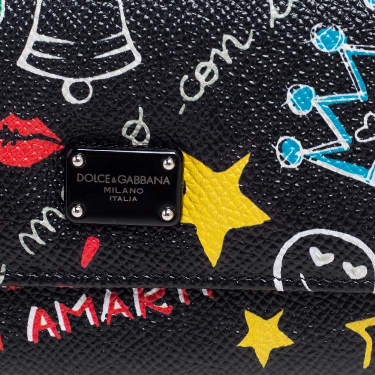 Pre Owned Dolce & Gabbana Black Graffiti Print Leather Tri-fold Wallet