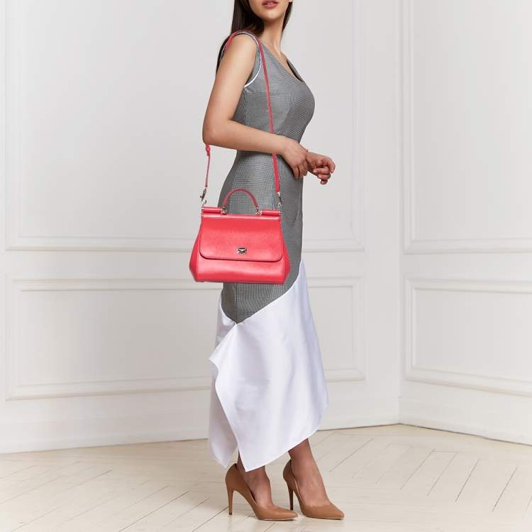 Pre Owned Dolce & Gabbana Red Leather Medium Miss Sicily Top Handle Bag