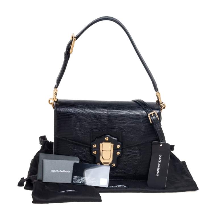 Pre Owned Dolce & Gabbana Black Lizard Embossed Leather Lucia Shoulder Bag