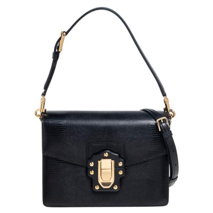Pre Owned Dolce & Gabbana Black Lizard Embossed Leather Lucia Shoulder Bag
