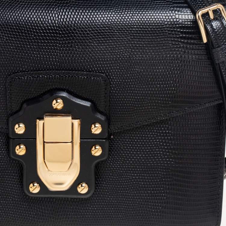 Pre Owned Dolce & Gabbana Black Lizard Embossed Leather Lucia Shoulder Bag