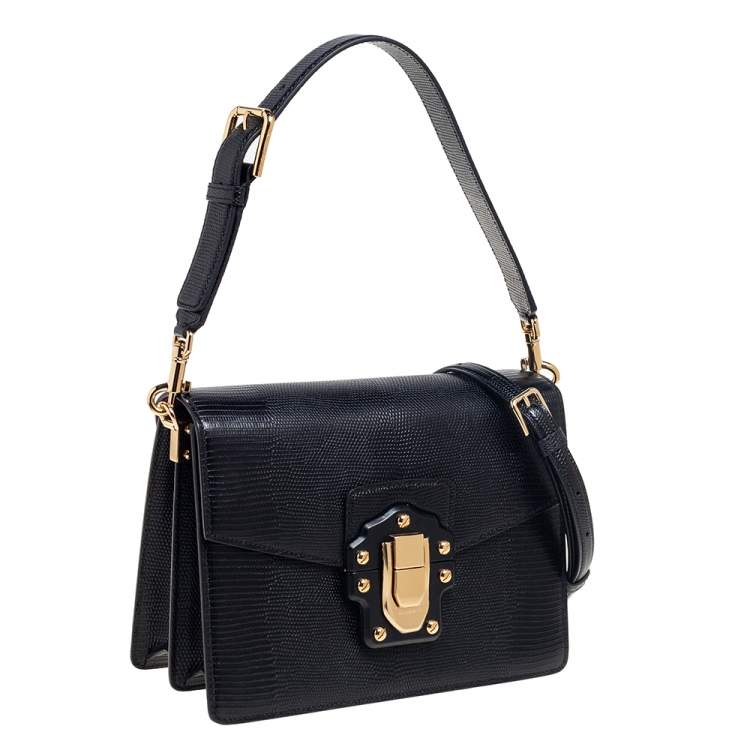 Pre Owned Dolce & Gabbana Black Lizard Embossed Leather Lucia Shoulder Bag
