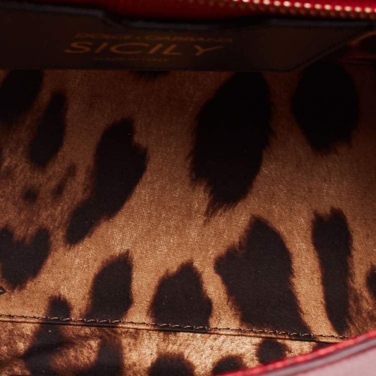 Pre Owned Dolce & Gabbana Red Lizard Embossed Leather Crystal DG Logo Medium Miss Sicily Bag