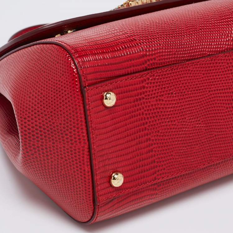 Pre Owned Dolce & Gabbana Red Lizard Embossed Leather Crystal DG Logo Medium Miss Sicily Bag