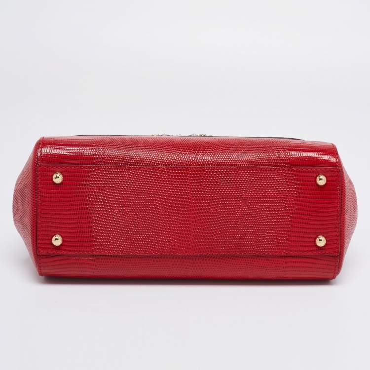 Pre Owned Dolce & Gabbana Red Lizard Embossed Leather Crystal DG Logo Medium Miss Sicily Bag