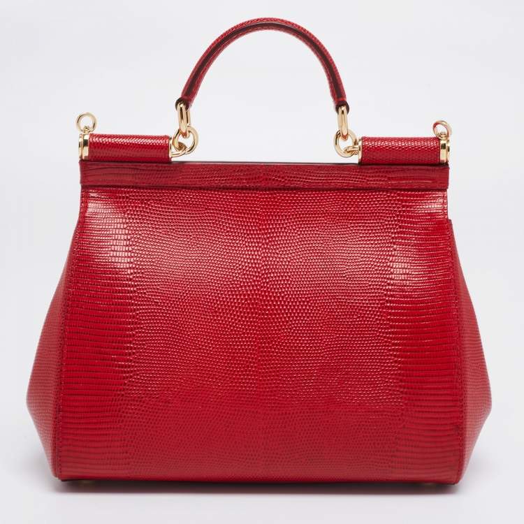 Pre Owned Dolce & Gabbana Red Lizard Embossed Leather Crystal DG Logo Medium Miss Sicily Bag