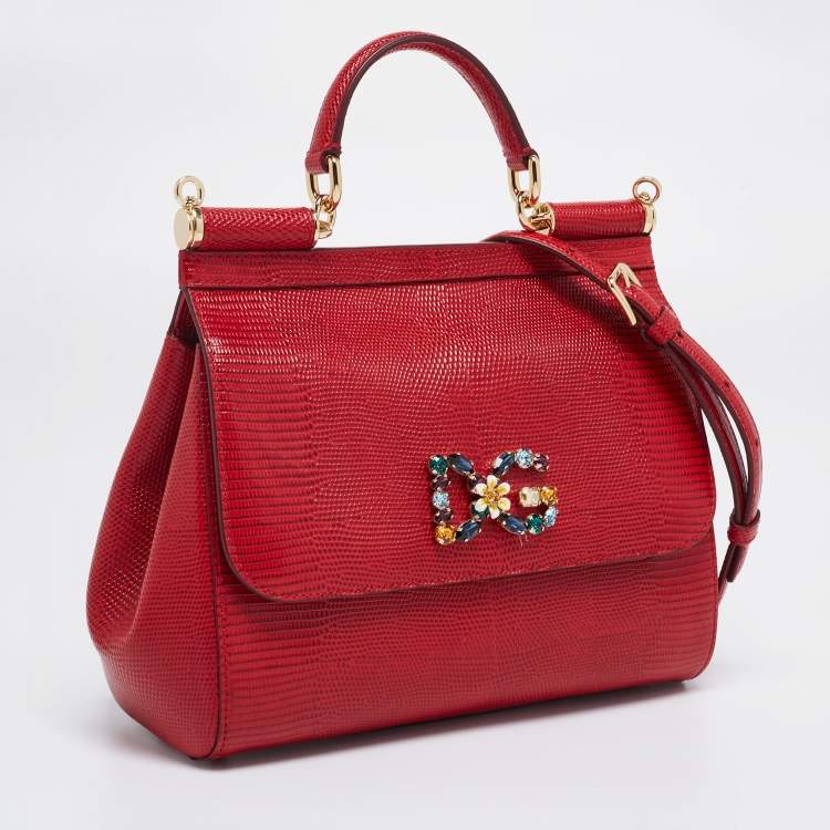 Pre Owned Dolce & Gabbana Red Lizard Embossed Leather Crystal DG Logo Medium Miss Sicily Bag
