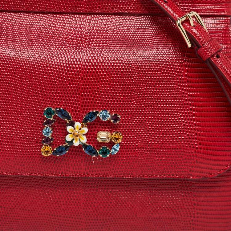 Pre Owned Dolce & Gabbana Red Lizard Embossed Leather Crystal DG Logo Medium Miss Sicily Bag