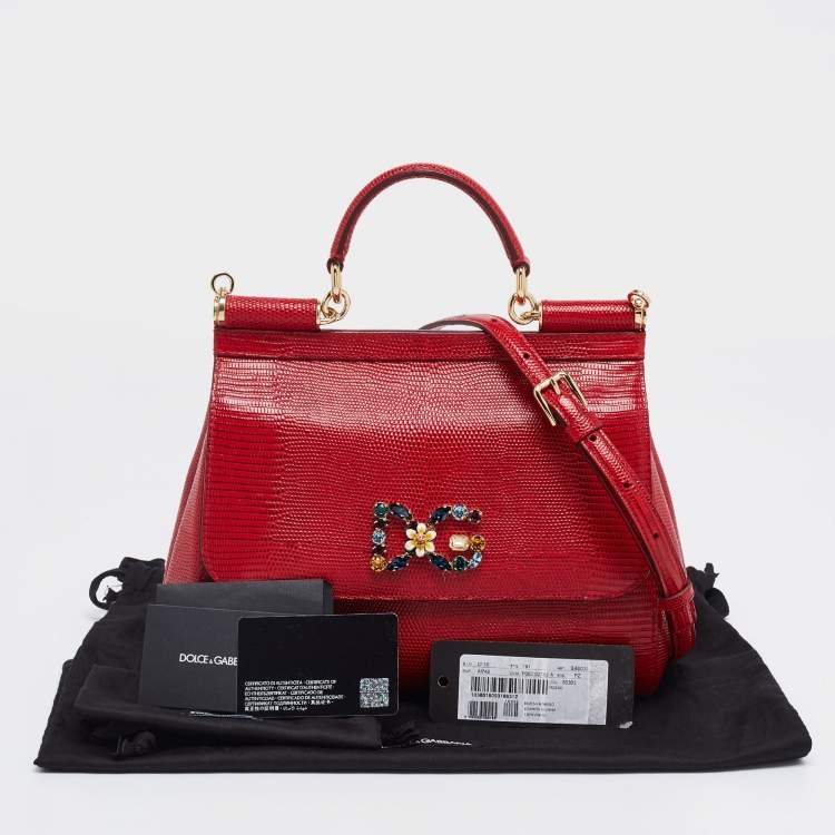 Pre Owned Dolce & Gabbana Red Lizard Embossed Leather Crystal DG Logo Medium Miss Sicily Bag