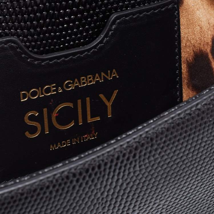 Pre Owned Dolce & Gabbana Black Lizard Embossed Leather Medium Miss Sicily Top Handle Bag