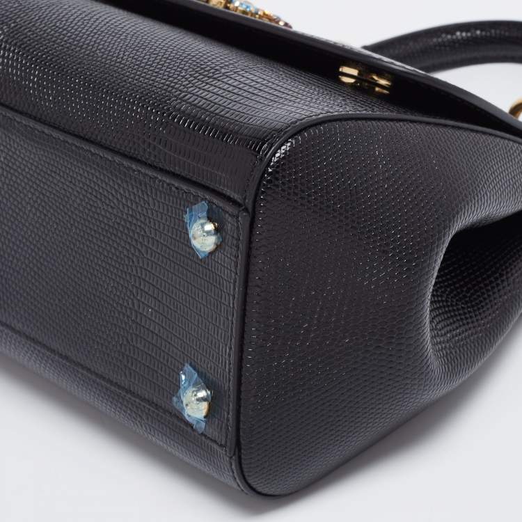 Pre Owned Dolce & Gabbana Black Lizard Embossed Leather Medium Miss Sicily Top Handle Bag