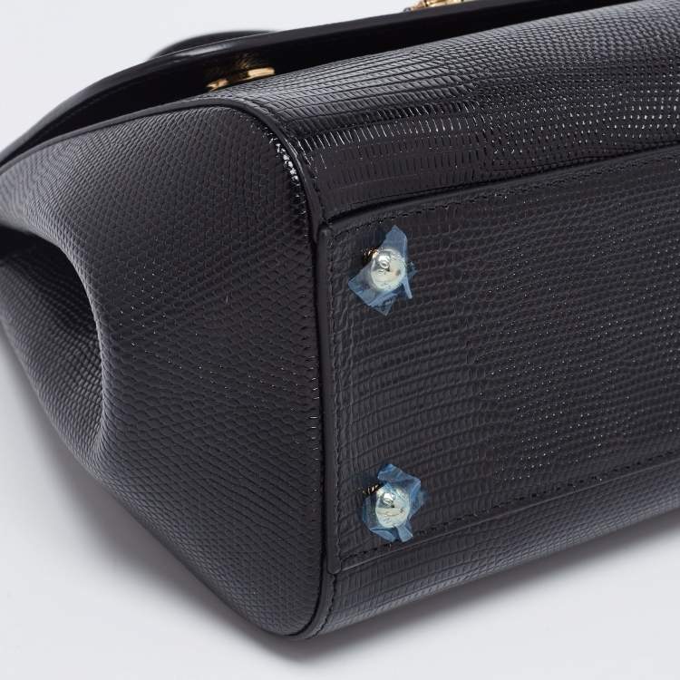Pre Owned Dolce & Gabbana Black Lizard Embossed Leather Medium Miss Sicily Top Handle Bag