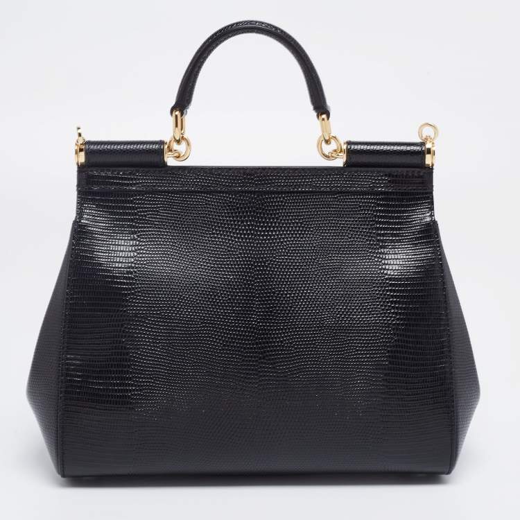 Pre Owned Dolce & Gabbana Black Lizard Embossed Leather Medium Miss Sicily Top Handle Bag