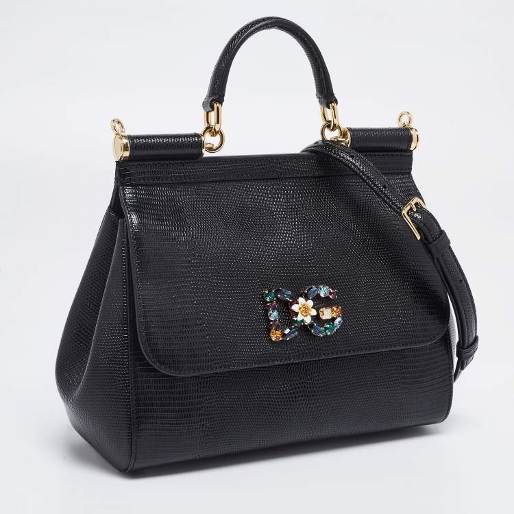 Pre Owned Dolce & Gabbana Black Lizard Embossed Leather Medium Miss Sicily Top Handle Bag