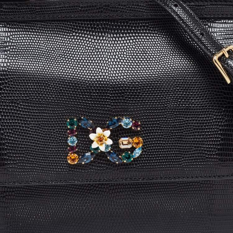 Pre Owned Dolce & Gabbana Black Lizard Embossed Leather Medium Miss Sicily Top Handle Bag