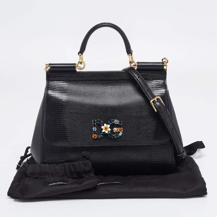 Pre Owned Dolce & Gabbana Black Lizard Embossed Leather Medium Miss Sicily Top Handle Bag