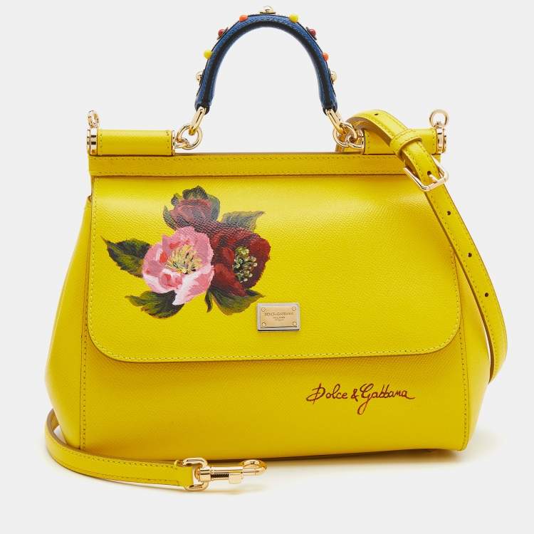 Dolce & Gabbana Yellow Flower Printed Leather Regular Miss Sicily Top ...