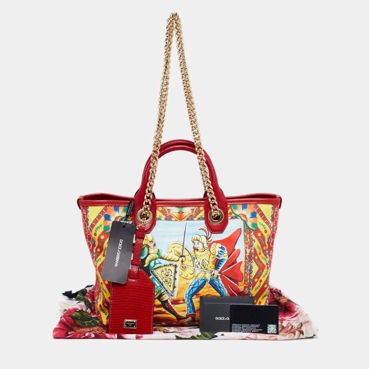 Pre Owned Dolce & Gabbana Multicolor Printed Canvas and Lizard Embossed Leather Small  Capri Tote