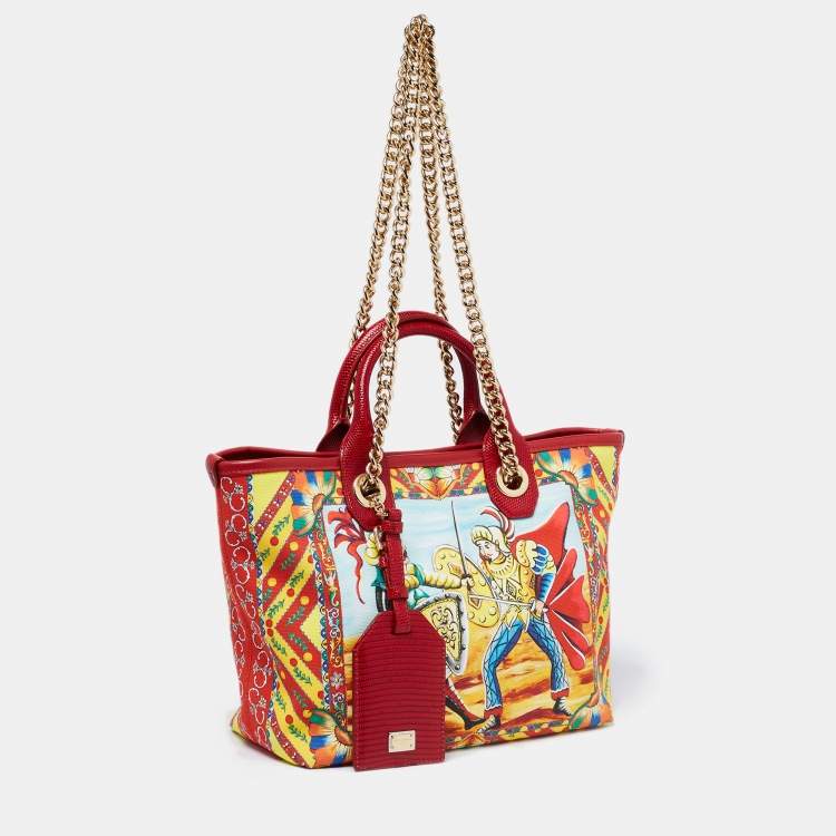 Pre Owned Dolce & Gabbana Multicolor Printed Canvas and Lizard Embossed Leather Small  Capri Tote