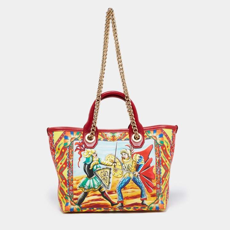 Pre Owned Dolce & Gabbana Multicolor Printed Canvas and Lizard Embossed Leather Small  Capri Tote
