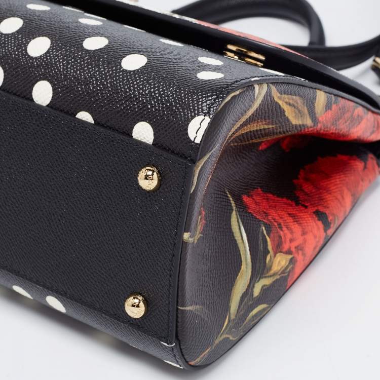 Pre Owned Dolce & Gabbana Black/Multicolor Polka Dots Floral Leather Medium Miss Sicily Top Handle Bag