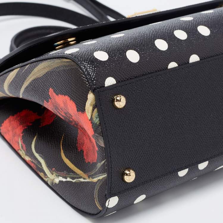 Pre Owned Dolce & Gabbana Black/Multicolor Polka Dots Floral Leather Medium Miss Sicily Top Handle Bag