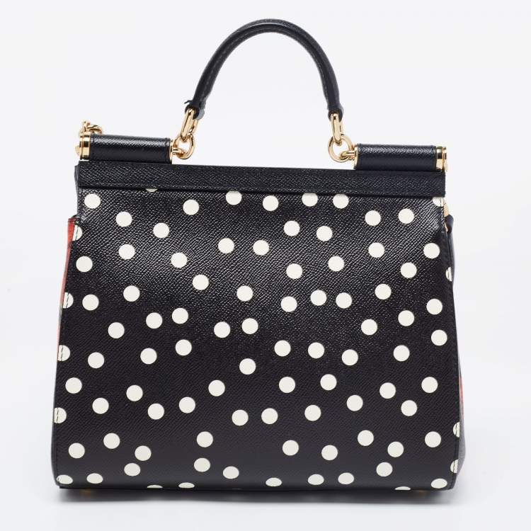 Pre Owned Dolce & Gabbana Black/Multicolor Polka Dots Floral Leather Medium Miss Sicily Top Handle Bag