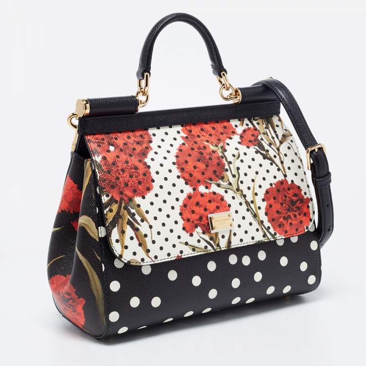 Pre Owned Dolce & Gabbana Black/Multicolor Polka Dots Floral Leather Medium Miss Sicily Top Handle Bag