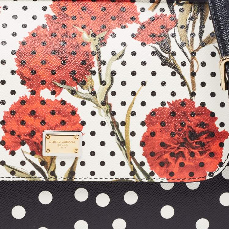 Pre Owned Dolce & Gabbana Black/Multicolor Polka Dots Floral Leather Medium Miss Sicily Top Handle Bag