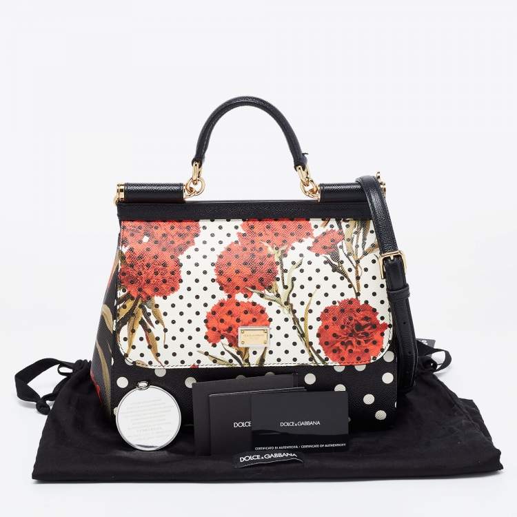 Pre Owned Dolce & Gabbana Black/Multicolor Polka Dots Floral Leather Medium Miss Sicily Top Handle Bag