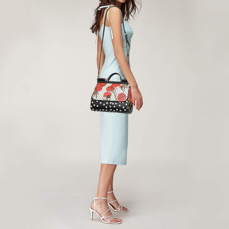 Pre Owned Dolce & Gabbana Black/Multicolor Polka Dots Floral Leather Medium Miss Sicily Top Handle Bag