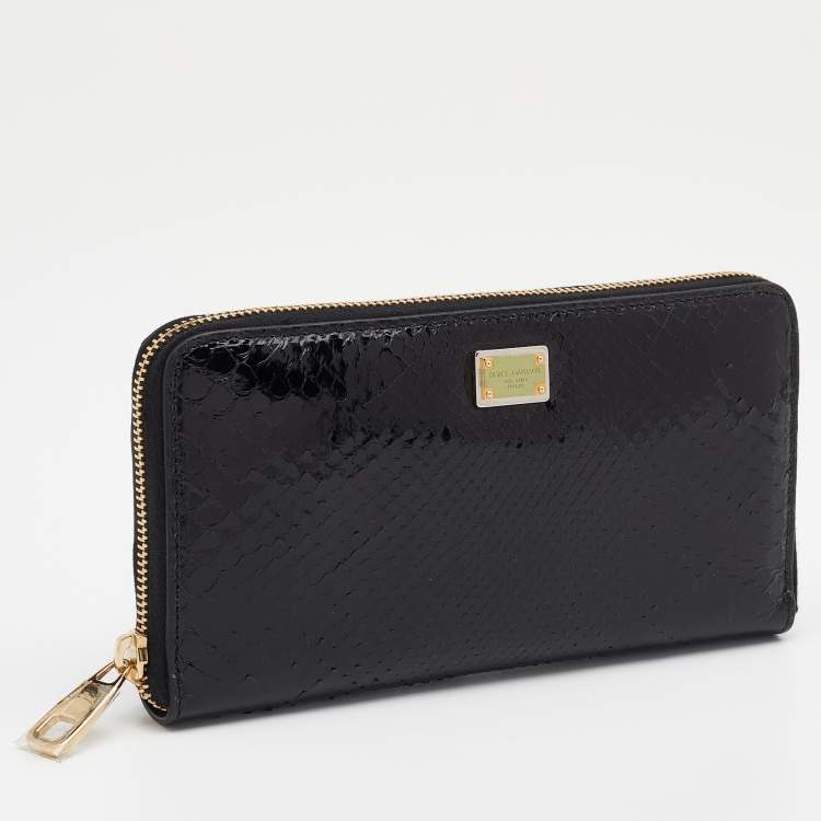 Pre Owned Dolce & Gabbana Black Python Zip Around Wallet