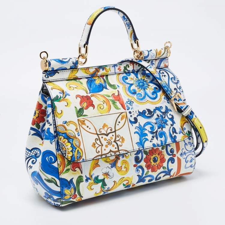 مملوكة مسبقًا Dolce & Gabbana Multicolor Maiolica Mediterranean Tiles Lemon Printed Leather Medium Miss Sicily Top Handle Bag