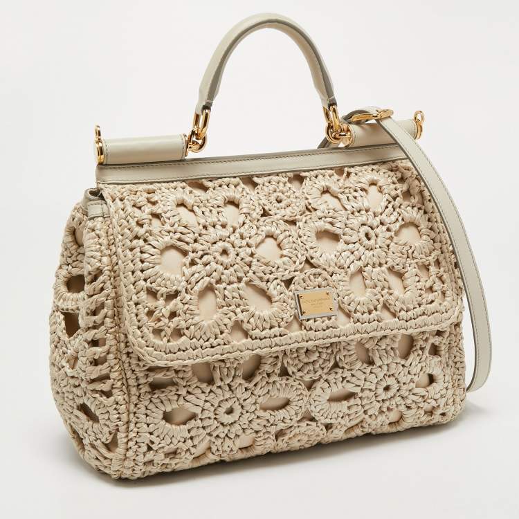 Pre Owned Dolce and Gabbana Off White Crochet Raffia Large Miss Sicily Top Handle Bag