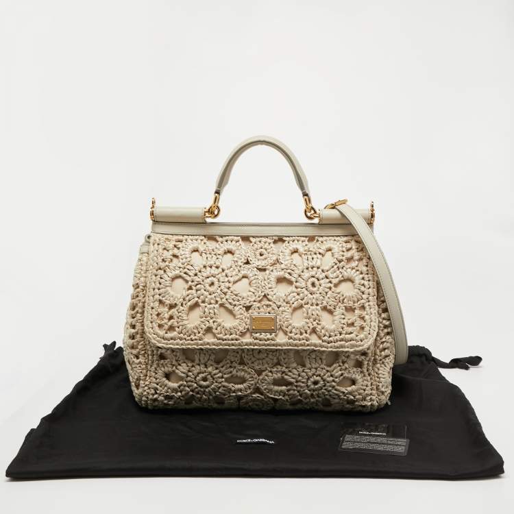 Pre Owned Dolce and Gabbana Off White Crochet Raffia Large Miss Sicily Top Handle Bag