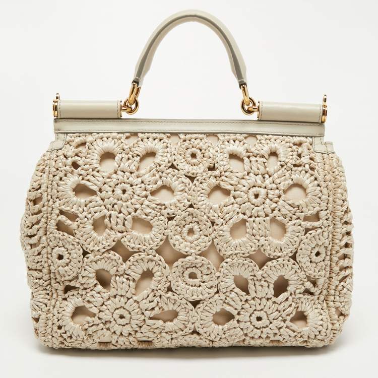 Pre Owned Dolce and Gabbana Off White Crochet Raffia Large Miss Sicily Top Handle Bag
