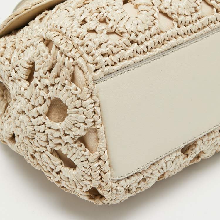Pre Owned Dolce and Gabbana Off White Crochet Raffia Large Miss Sicily Top Handle Bag