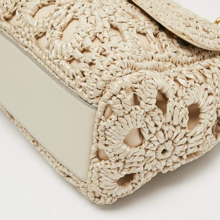 Pre Owned Dolce and Gabbana Off White Crochet Raffia Large Miss Sicily Top Handle Bag