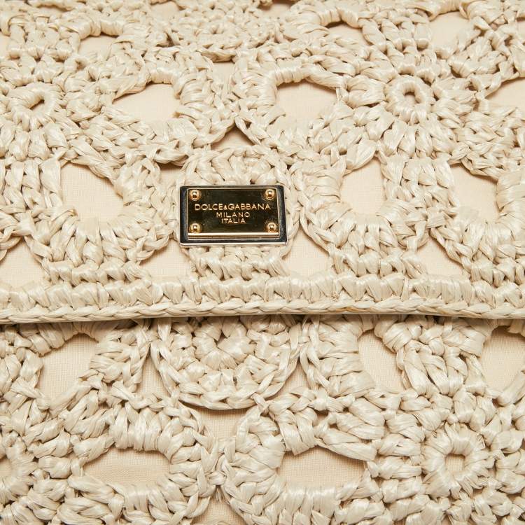 Pre Owned Dolce and Gabbana Off White Crochet Raffia Large Miss Sicily Top Handle Bag