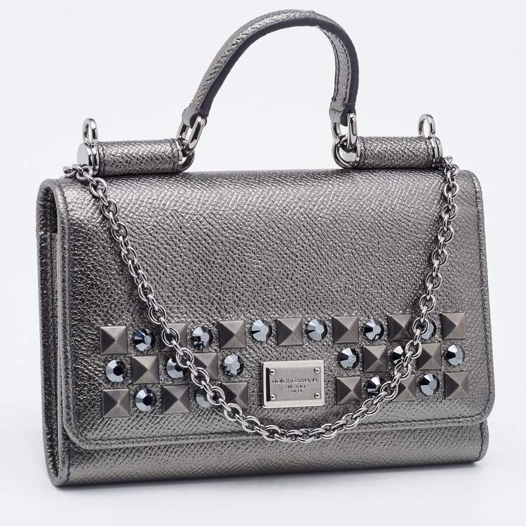 Pre Owned Dolce & Gabbana Metallic Grey Leather Miss Sicily Von Studded Wallet on Chain