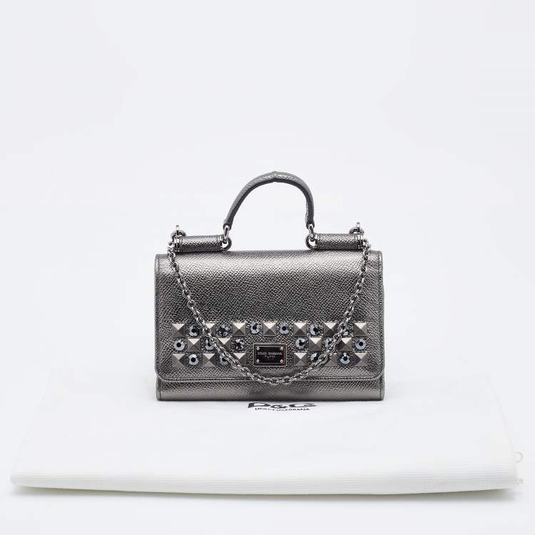 Pre Owned Dolce & Gabbana Metallic Grey Leather Miss Sicily Von Studded Wallet on Chain