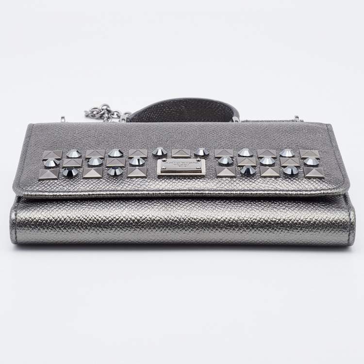 Pre Owned Dolce & Gabbana Metallic Grey Leather Miss Sicily Von Studded Wallet on Chain