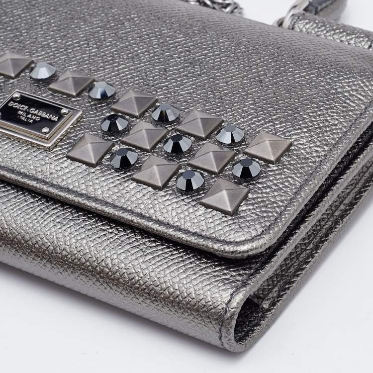 Pre Owned Dolce & Gabbana Metallic Grey Leather Miss Sicily Von Studded Wallet on Chain
