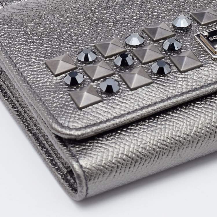 Pre Owned Dolce & Gabbana Metallic Grey Leather Miss Sicily Von Studded Wallet on Chain