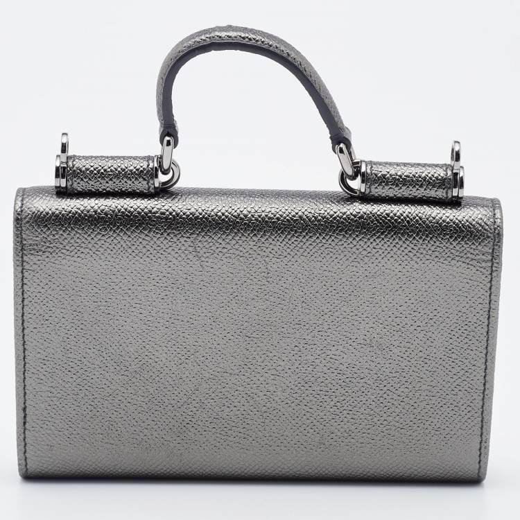 Pre Owned Dolce & Gabbana Metallic Grey Leather Miss Sicily Von Studded Wallet on Chain
