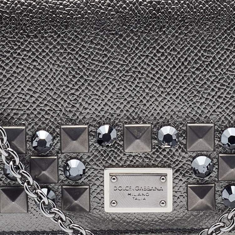 Pre Owned Dolce & Gabbana Metallic Grey Leather Miss Sicily Von Studded Wallet on Chain